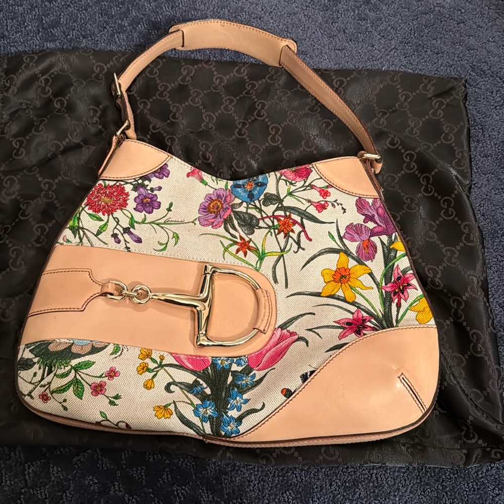 Gucci Floral Hobo Bag with Tan Accents